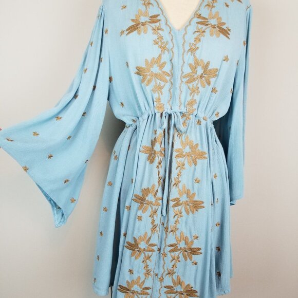 Paparazzi Blue Green Gauzy Dress with Gold Floral Embroidery Women's Size Medium - Picture 4 of 11